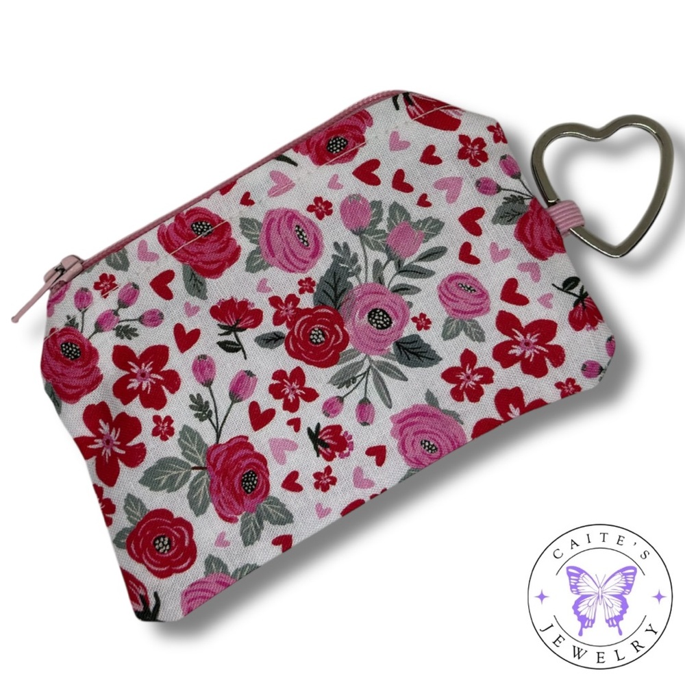 Handmade Coin Purse with a Flowers and Hearts Fabric